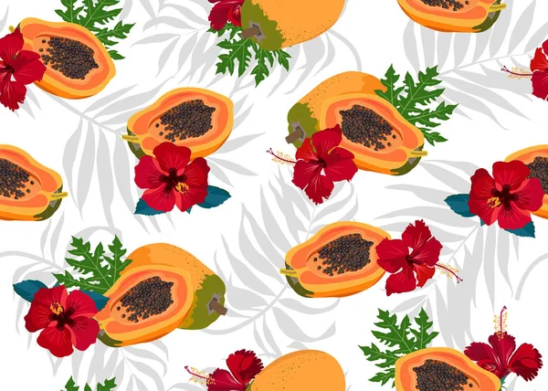 Papayafrüchte Nahtloses Muster Auf Weißem Hintergrund Mit Grauen Palmblättern Und — Stockvektor