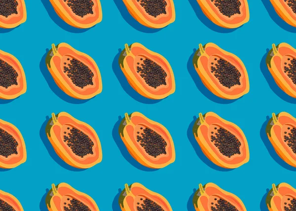 Papaya Frutta Modello Senza Soluzione Continuità Sfondo Blu Con Ombra — Vettoriale Stock