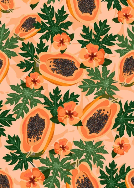 Papayafrüchte Nahtloses Muster Auf Pastellorangefarbenem Hintergrund Mit Blättern Und Orangefarbener — Stockvektor
