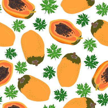 Papaya meyve ve yaprakları ile beyaz arka plan üzerinde yarım dikişsiz desen, Taze organik gıda, Yaz desen arka plan, Tropikal meyve vektör illüstrasyon.