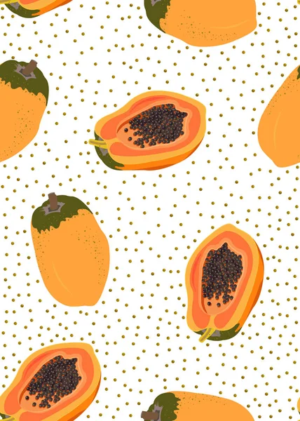 Papaya Fruits Seamless Pattern White Background Seed Fresh Organic Food — Stock Vector