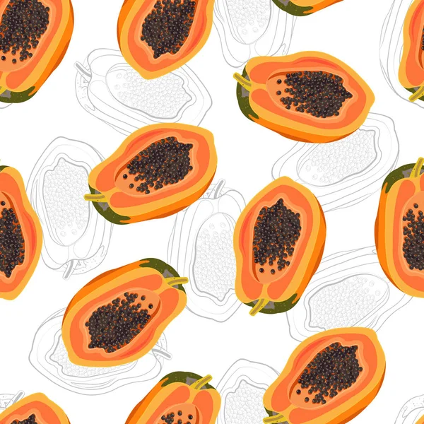 Papaya Frutta Modello Senza Soluzione Continuità Sfondo Bianco Con Disegno — Vettoriale Stock