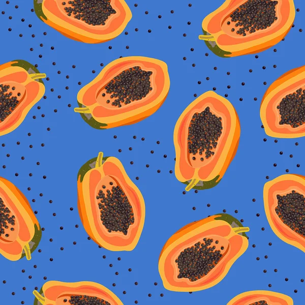 Papaya Fruits Seamless Pattern Blue Background Fresh Organic Food Summer — Stock Vector