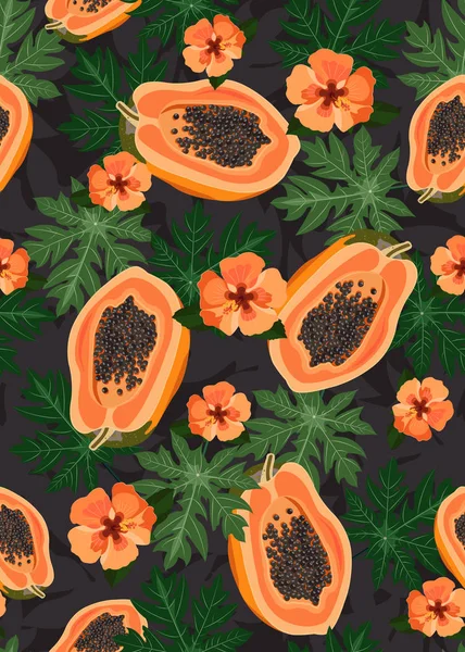 Papayafrüchte Nahtloses Muster Auf Schwarzem Hintergrund Mit Blättern Und Orangefarbener — Stockvektor