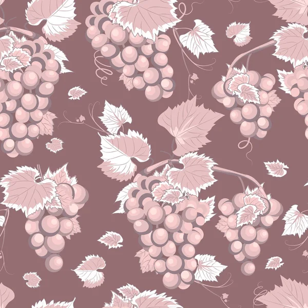 ブドウのつるシームレスな模様とバラピンクの背景に葉 新鮮なオーガニック食品 ブドウ束パターンの背景 フルーツベクトルイラスト — ストックベクタ