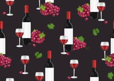 Grape bunch seamless pattern with red wine glasses and bottles on black background, Red grapes pattern background, Red wine vector illustration. vector Grape bunch seamless pattern with red wine glasses and bottles on black background, Red grapes pattern background, Red wine vector illustration. vector
