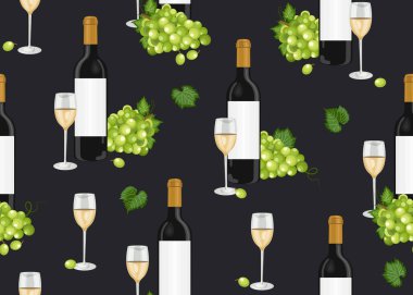 Grape bunch seamless pattern with white wine glasses and bottles on black background, White grapes pattern background, White wine vector illustration. vector Grape bunch seamless pattern with white wine glasses and bottles on black background, White grapes pattern background, White wine vector illustration. vector
