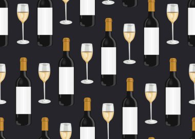 Şarap bardakları ve siyah arka plan üzerinde şişe dikişsiz desen, Beyaz üzüm desen arka plan, Beyaz şarap vektör illüstrasyon.