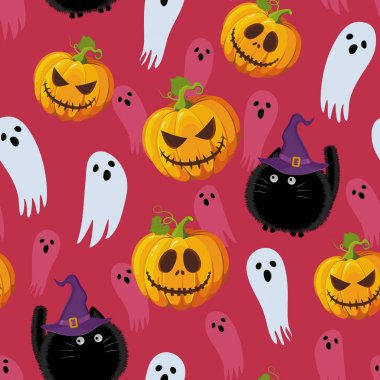Kırmızı pembe arka plan üzerinde Halloween dikişsiz desen. Komik şişman kedi, hayalet ve kabak halloween desen arka plan. Cadılar Bayramı tema tasarım vektör illüstrasyon