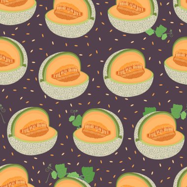 Çekirdek, Taze kavun desen arka plan, Meyve vektör illüstrasyon ile kahverengi arka plan üzerinde kavun kesim dikişsiz desen.