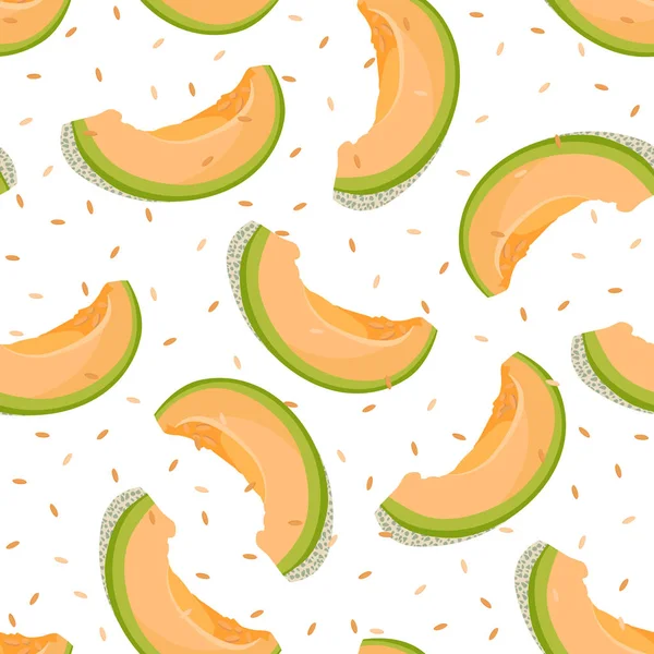 Melon Slice Seamless Pattern White Background Seed Fresh Cantaloupe Melon — Stock Vector