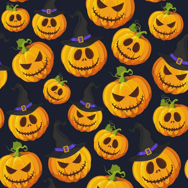 Halloween Kürbis Nahtloses Muster Auf Schwarzem Hintergrund Mit Hexenhut Niedlichen — Stockvektor