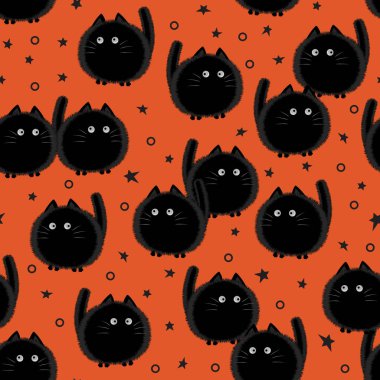 Turuncu arka plan üzerinde Halloween ürkütücü kediler sorunsuz desen. Komik şişman kedi halloween desen arka plan. Cadılar Bayramı tema tasarım vektör illüstrasyon