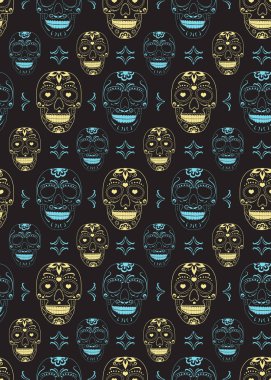 Çiçek süsü ve siyah arka plan üzerinde çiçek dikişsiz desen ile Ölü şeker kafatası Günü. cadılar bayramı kafatası desen arka plan. vektör illüstrasyon