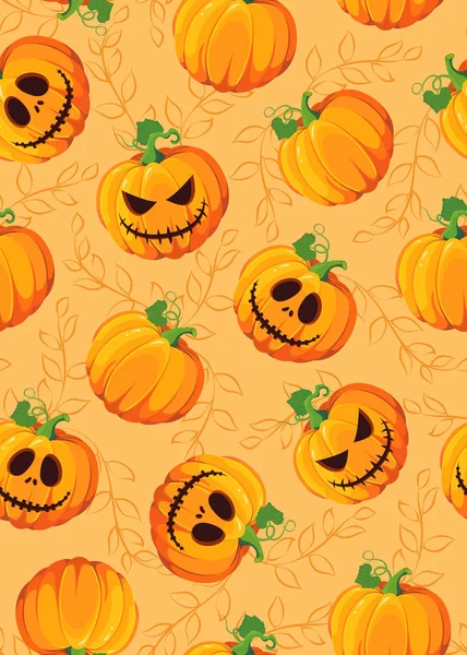 Asma yaprakları ile turuncu arka plan üzerinde Halloween kabak dikişsiz desen. Sevimli halloween kabak desen arka plan. Cadılar Bayramı tema tasarım vektör illüstrasyon