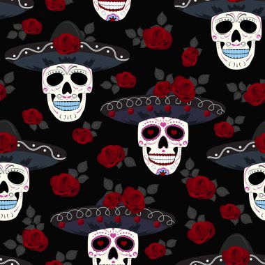 Çiçek süsü ve siyah arka plan üzerinde güller dikişsiz desen ile Dead kafatası Günü. Dia De Los Muertos kutlama desen arka plan. vektör illüstrasyon