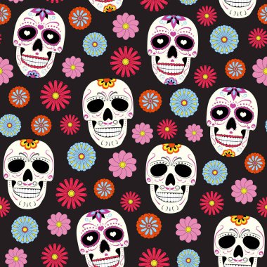 Çiçek süsü ve siyah arka plan üzerinde çiçek dikişsiz desen ile Ölü şeker kafatası Günü. cadılar bayramı kafatası desen arka plan. vektör illüstrasyon