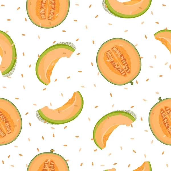 Melone Hälfte Und Scheibe Nahtlose Muster Auf Weißem Hintergrund Mit — Stockvektor