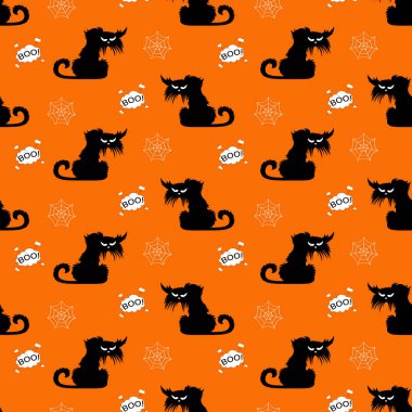 Turuncu arka plan ve bulut boo Halloween ürkütücü kediler sorunsuz desen. Komik kedi halloween desen arka plan. Cadılar Bayramı temaları tasarım vektör illüstrasyon