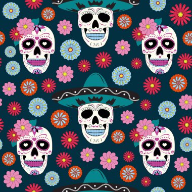 Çiçek süsü ve yeşil arka plan üzerinde çiçek dikişsiz desen ile Dead kafatası Günü. Dia De Los Muertos kutlama desen arka plan. vektör illüstrasyon