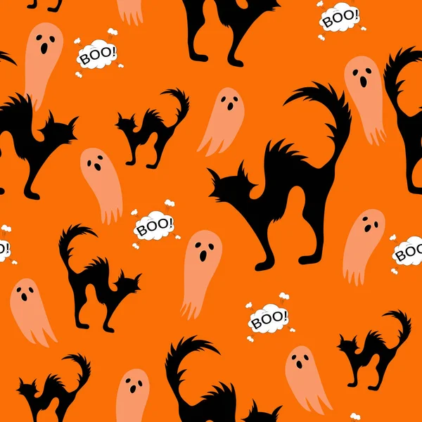Halloween Chats Effrayants Fantôme Motif Sans Couture Sur Fond Orange — Image vectorielle