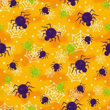 Turuncu arka plan üzerinde Halloween örümcek dikişsiz desen. cadılar bayramı desen arka plan. vektör illüstrasyon