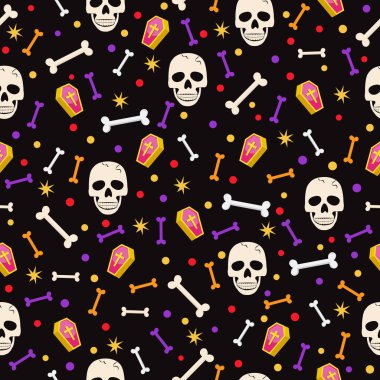 Siyah arka plan üzerinde Halloween kafatası dikişsiz desen. cadılar bayramı kafatası desen arka plan. vektör illüstrasyon