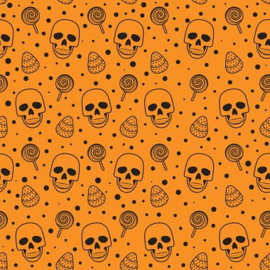 Kafatası ve portakal arka plan üzerinde tatlılar dikişsiz desen. cadılar bayramı kafatası desen arka plan. vektör illüstrasyon