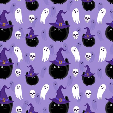 Cadılar Bayramı cadısı kedisi ve mor arka planda kusursuz bir hayalet deseni. Cadılar Bayramı desenli arka plan. vektör illüstrasyonu