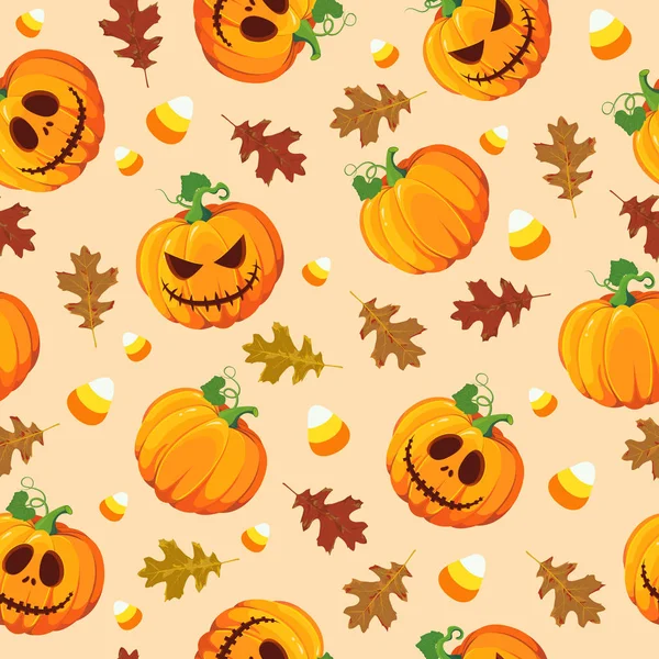 Halloween Dynia Bezszwowe Wzór Liści Dębu Cute Halloween Dyni Wzór — Wektor stockowy