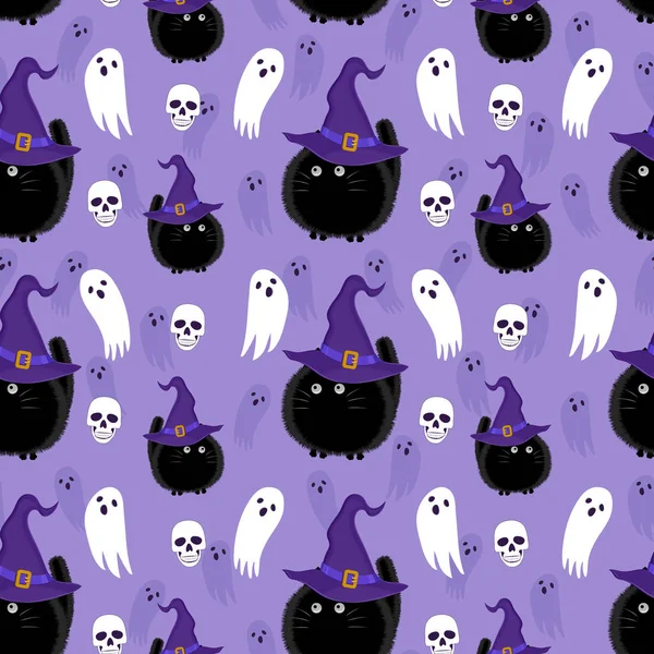 Halloween Sorcière Chat Fantôme Motif Sans Couture Sur Fond Violet — Image vectorielle