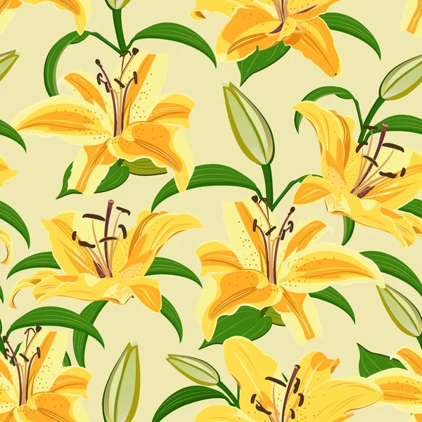 Sarı Arka Plan Üzerinde Lily Çiçek Dikişsiz Desen Sarı Zambak — Stok Vektör