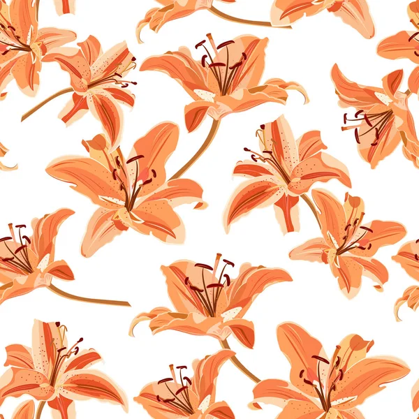 Lily Flor Sem Costura Padrão Fundo Branco Lírio Laranja Ilustração — Vetor de Stock