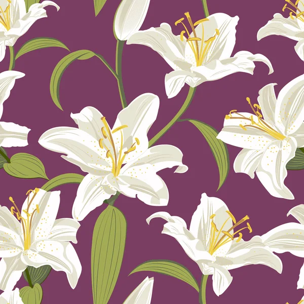 Lily Flor Sem Costura Padrão Fundo Roxo Lírio Branco Ilustração — Vetor de Stock