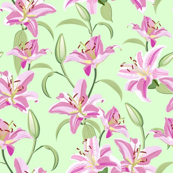 Lily Λουλούδι Απρόσκοπτη Μοτίβο Πράσινο Φόντο Ροζ Κρίνο Floral Διανυσματική — Διανυσματικό Αρχείο