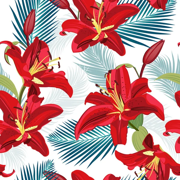 Lily Květiny Bezešvé Vzor Bílém Pozadí Palmovými Listy Červená Lilie — Stockový vektor