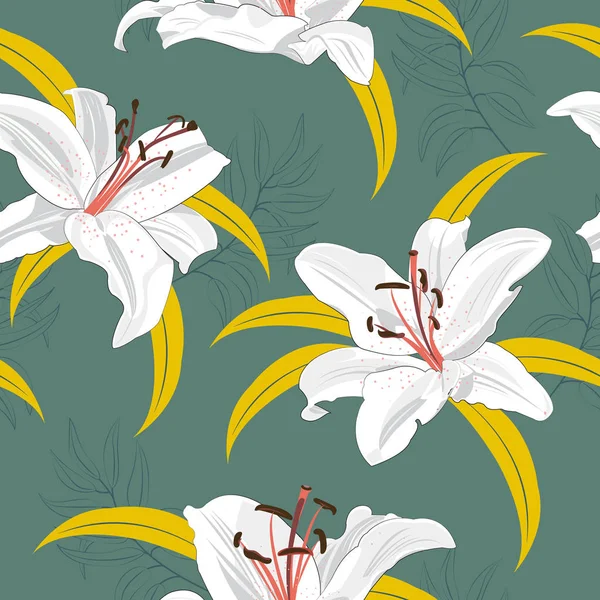 Lily Flor Sem Costura Padrão Fundo Verde Lírio Branco Ilustração — Vetor de Stock