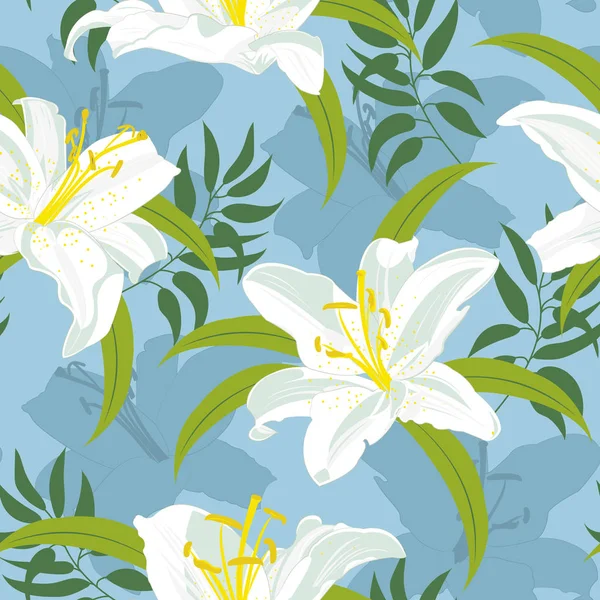 Lily Flower Seamless Pattern Blue Background White Lily Floral Vector — Stock Vector