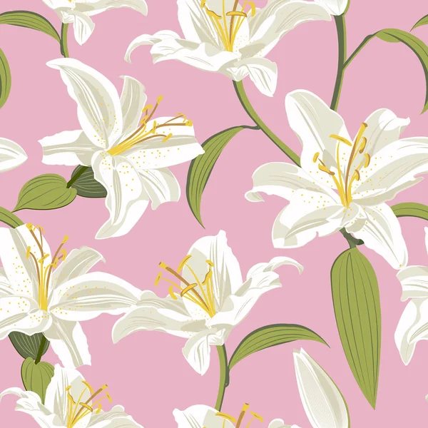 Lily Flor Sem Costura Padrão Fundo Rosa Lírio Branco Ilustração — Vetor de Stock