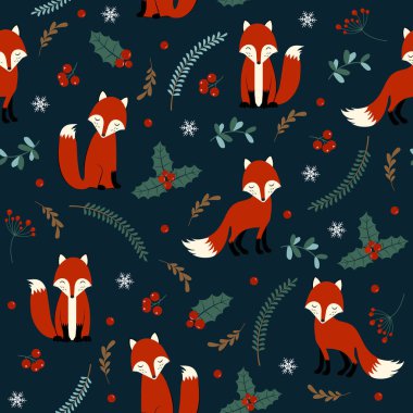 Christmas seamless pattern with fox background, Winter pattern with holly berry, wrapping paper, pattern fills, winter greetings, web page background, Christmas and New Year greeting cards clipart