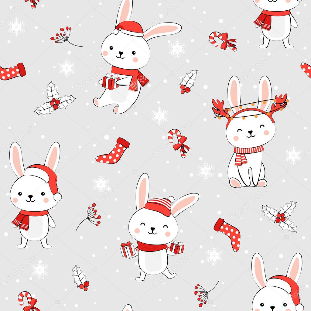 Christmas seamless pattern with bunny background, Winter pattern with white rabbit, wrapping paper, pattern fills, winter greetings, web page background, Christmas and New Year greeting cards