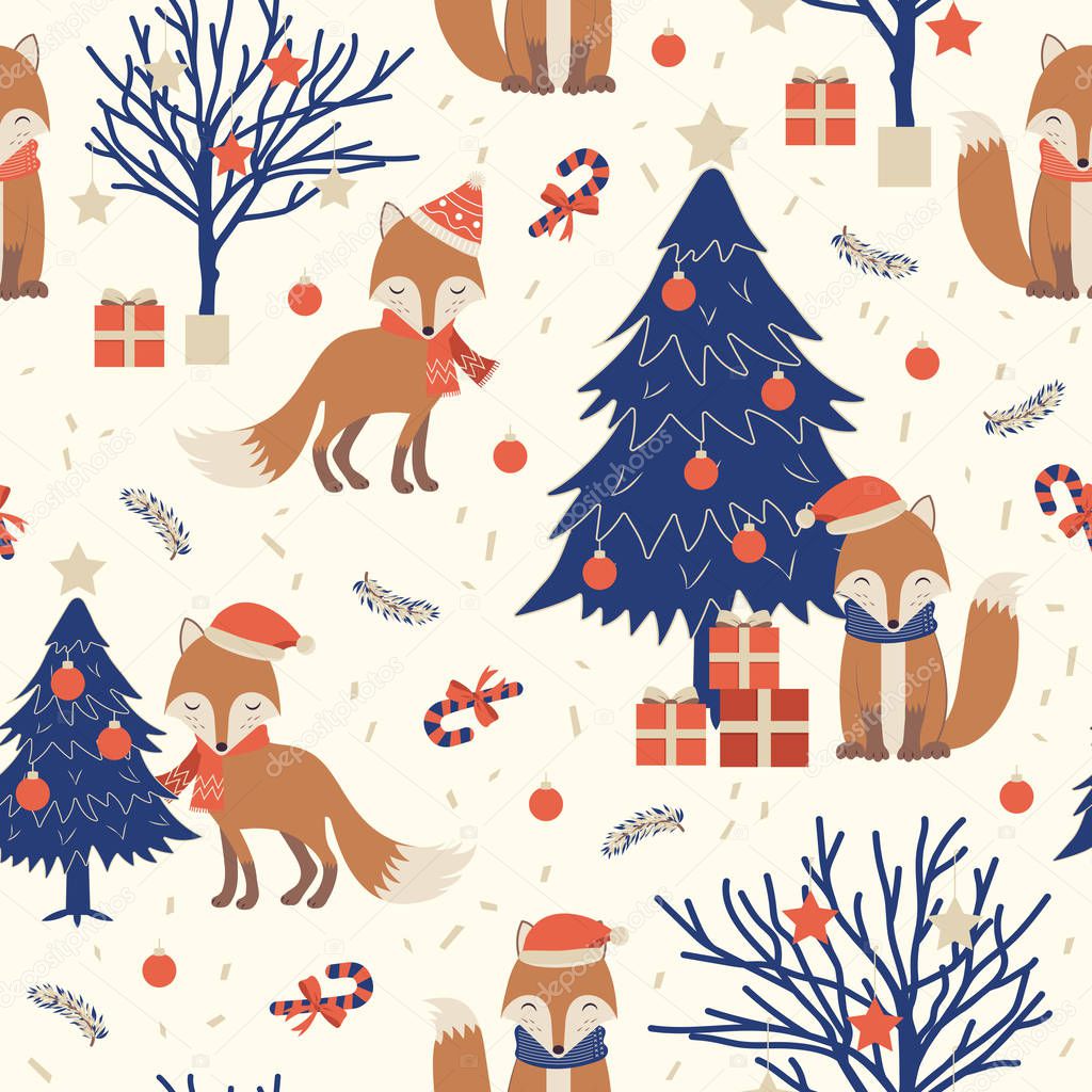 Christmas seamless pattern with fox background, Winter pattern with christmas tree, wrapping paper, pattern fills, winter greetings, web page background, Christmas and New Year greeting cards