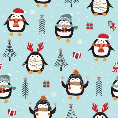 Penguen arkaplan, kış deseni, ambalaj kağıdı, desen dolguları, kış selamlamaları, web sayfası geçmişi, Noel ve yeni yıl tebrik kartları.