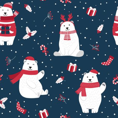 Kutup ayısı geçmişine sahip kusursuz bir Noel deseni, kutsal meyveli kış deseni, ambalaj kağıdı, şablon dolguları, kış selamları, web sayfası geçmişi, Noel ve yeni yıl tebrik kartları.