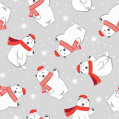 Kutup ayısı geçmişine sahip kusursuz bir Noel deseni, beyaz ayılı kış deseni, ambalaj kağıdı, şablon dolguları, kış selamları, web sayfası geçmişi, Noel ve yeni yıl tebrik kartları.