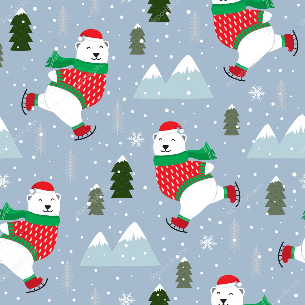 Christmas seamless pattern with polar bear ice skate background, Winter pattern with white bear ice skate, wrapping paper, pattern fills, winter greetings, web page background, Christmas and New Year greeting cards