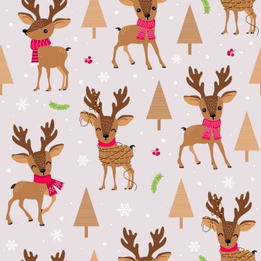 Ren geyiği geçmişi olan kusursuz bir Noel deseni geyik deseni, ambalaj kağıdı, şablon dolguları, kış selamları, web sayfası geçmişi, Noel ve yeni yıl tebrik kartları.