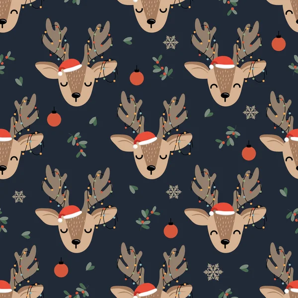 Ren geyiği geçmişi olan kusursuz bir Noel deseni geyik ve dekorasyon ışıkları olan kış deseni ambalaj kağıdı, desenler, kış selamlamaları, web sayfası geçmişi, Noel ve yeni yıl tebrik kartları.