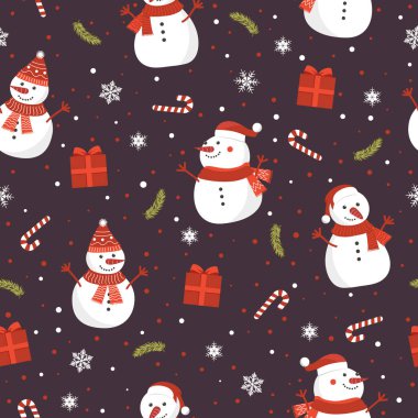 Kahverengi arka planda kardan adam, kar taneli kış deseni, ambalaj kağıdı, şablon dolguları, kış selamları, web sayfası geçmişi, Noel ve yeni yıl tebrik kartları.