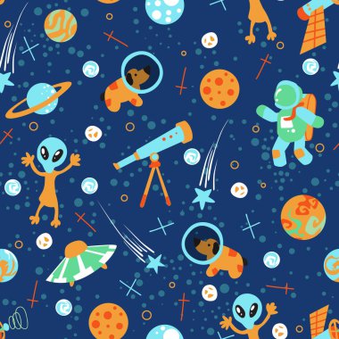 Uzay gemileri ve yıldızlarla kusursuz bir arkaplan, uzay vektör çizimi